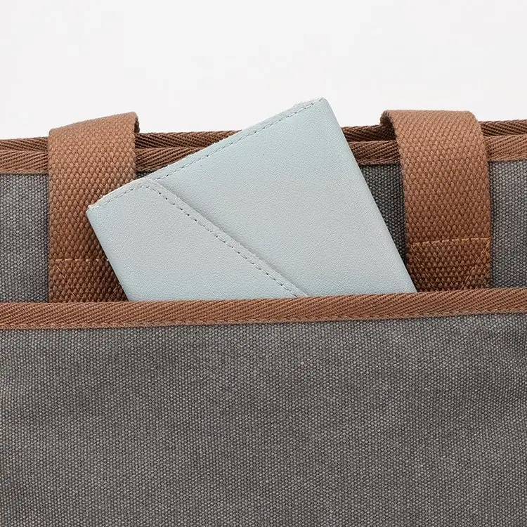 Korean-style Grey Canvas Shoulder Bag with Brown Handles — feature 8