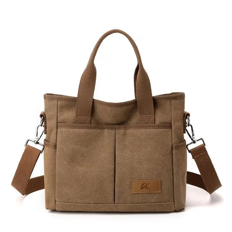 Korean-style Grey Canvas Shoulder Bag with Brown Handles - Image 3