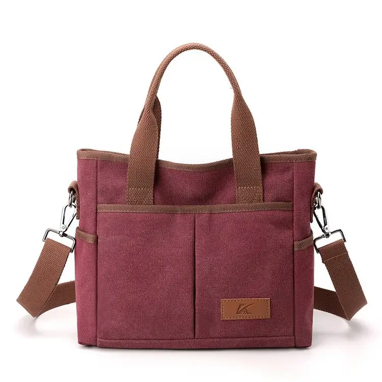 Korean-style Grey Canvas Shoulder Bag with Brown Handles - Image 4