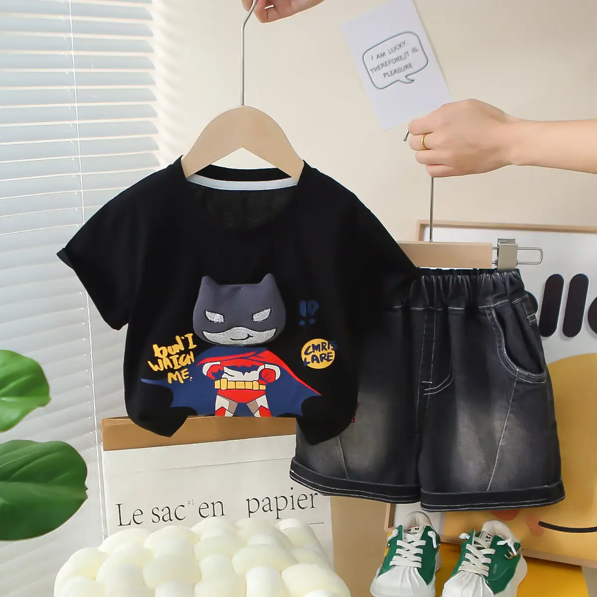 Kids Cartoon T-Shirt Shorts Set Black Summer Wear
