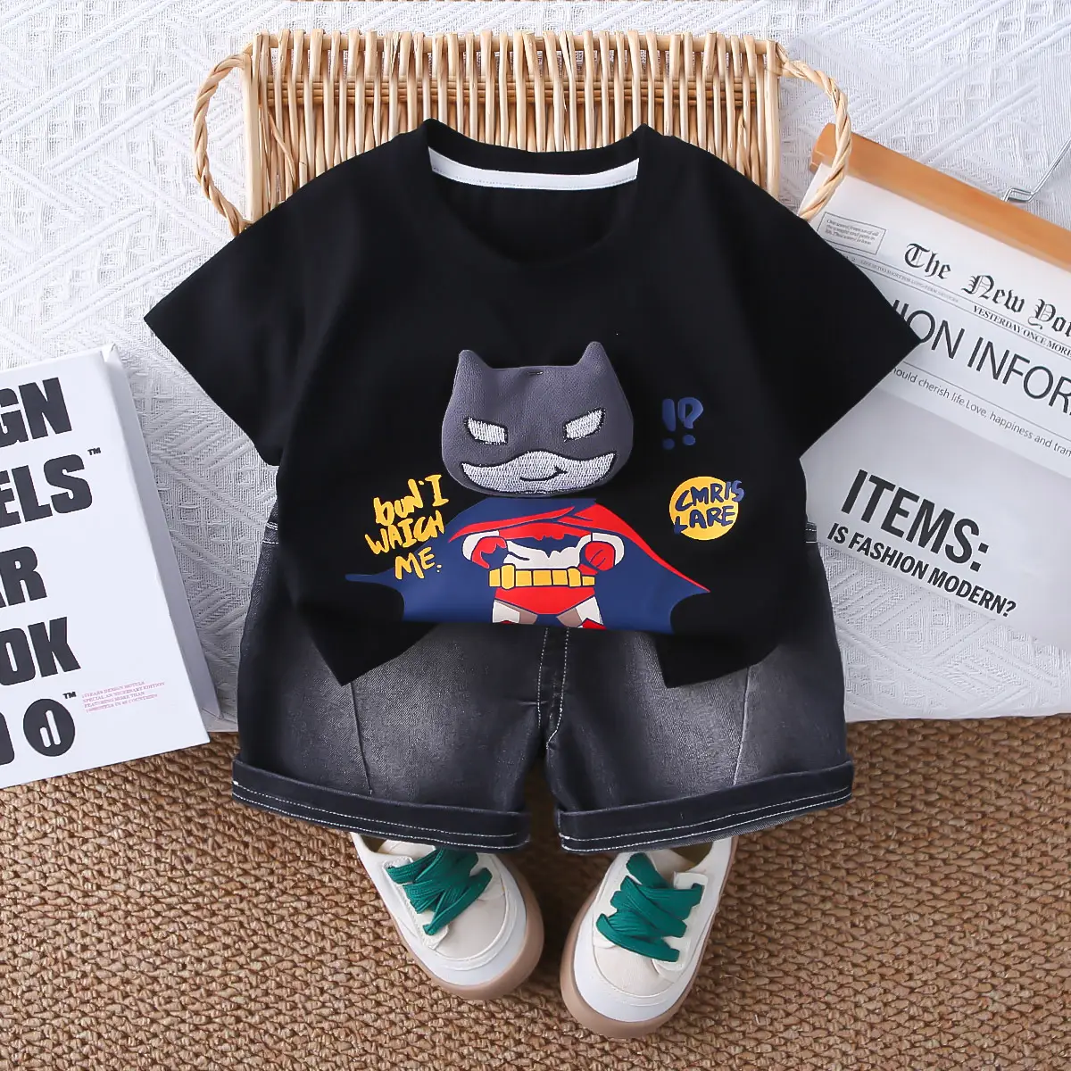Kids Cartoon T-Shirt Shorts Set Black Summer Wear