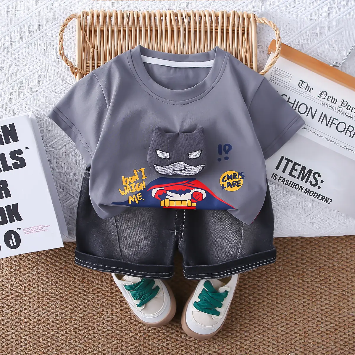 Kids Cartoon T-Shirt Shorts Set Black Summer Wear