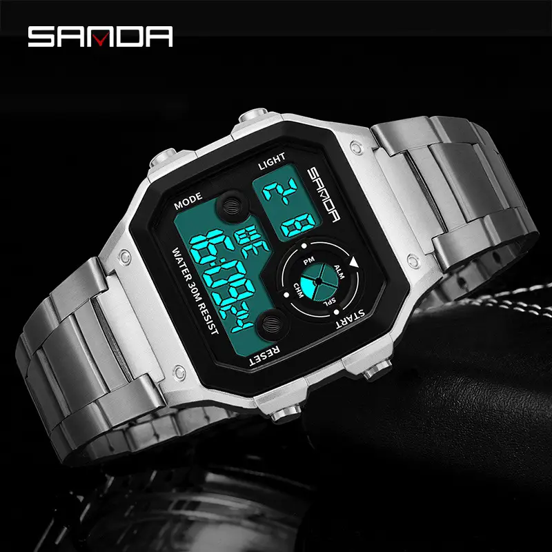 Sanda Square Digital Watch Silver Waterproof Male - Image 5