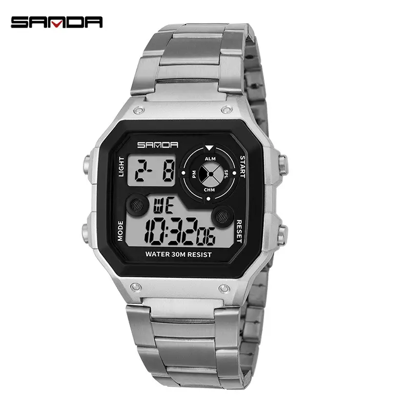 Sanda Square Digital Watch Silver Waterproof Male - Image 2