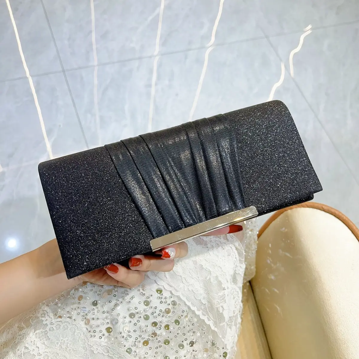 New Cross-border European and American Hand Bag Sequin Pleated Bag Women's Evening Bag Flip Bag Luxury Shoulder Crossbody Bag - Image 2