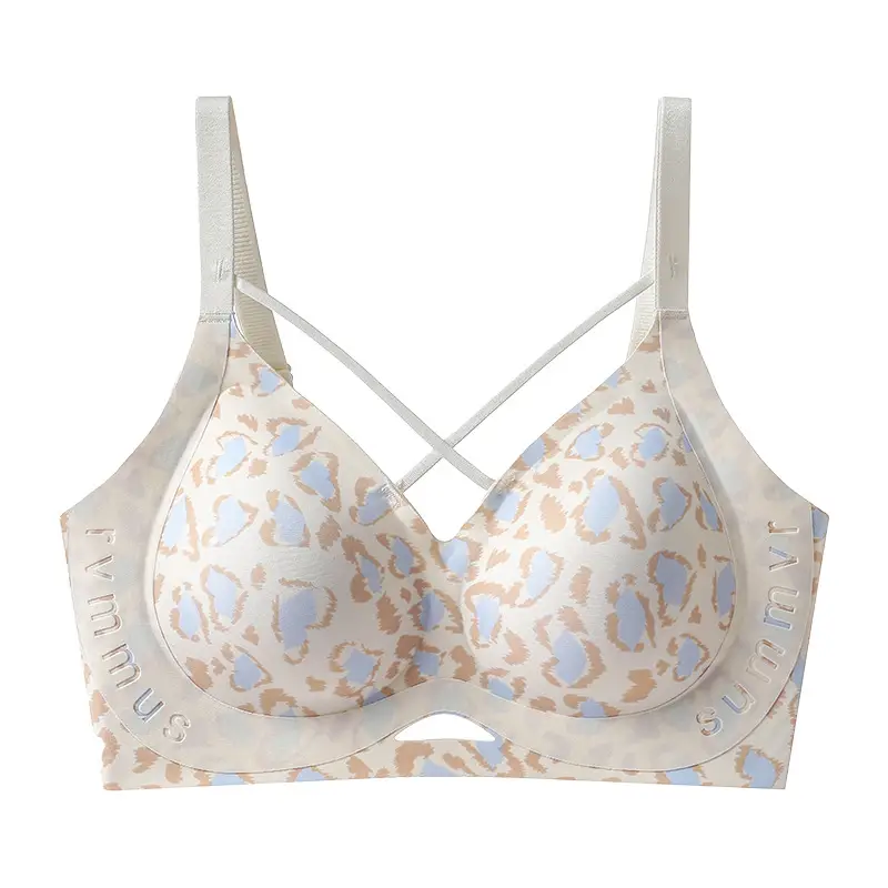 Sexy Leopard Print Intimates Women's Fixed Cup All-In-One No Rims Large Size No Rims Breast-Retracting Anti-Sagging Bra