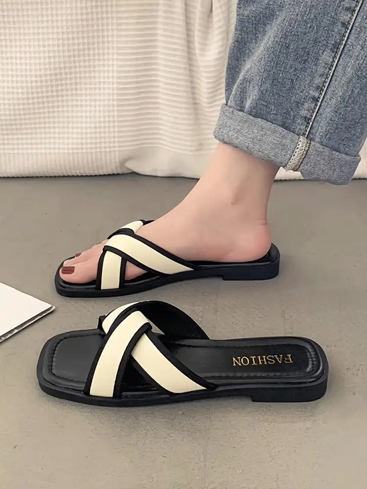 Women's Black Gold Cross Strap Slippers Summer - Image 2