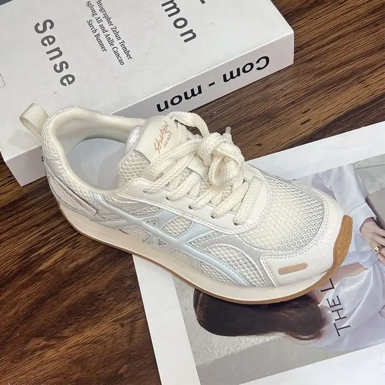 Soft Leather Thick-soled Heightened Training Shoes Women's 2025 Summer New Light Soft-soled All-match Mesh Breathable Running Shoes — feature 1
