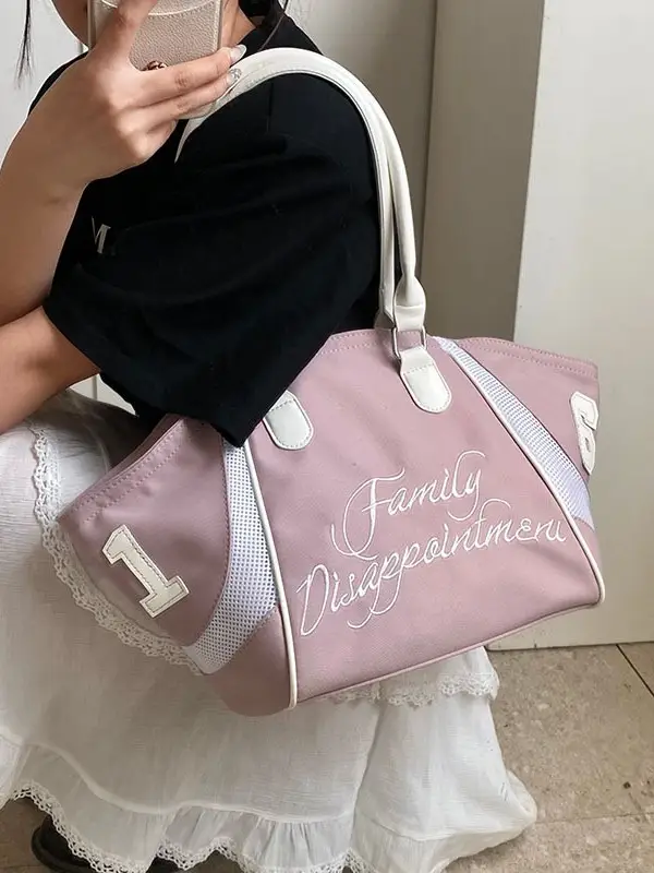 Women's Red Embroidered Bowling Handheld Tote Bag - Image 7