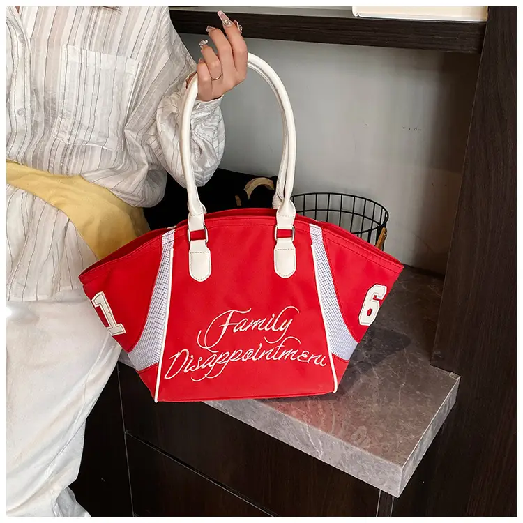 Women's Red Embroidered Bowling Handheld Tote Bag — feature 34
