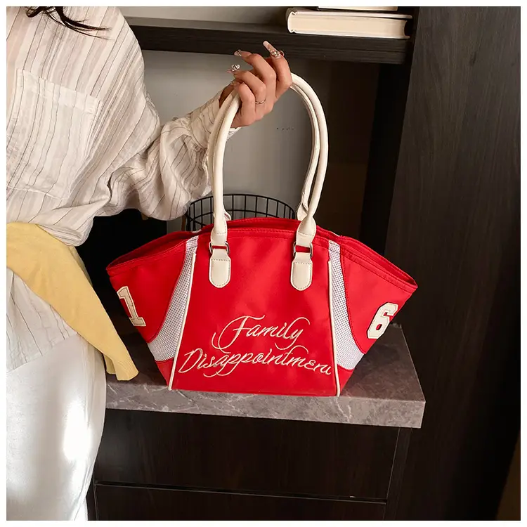 Women's Red Embroidered Bowling Handheld Tote Bag — feature 35