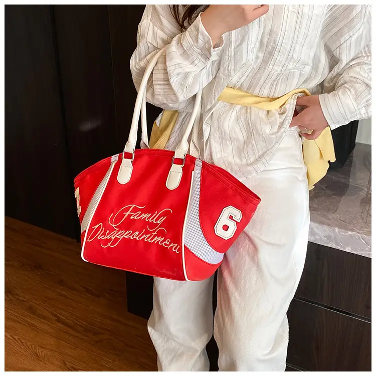 Women's Red Embroidered Bowling Handheld Tote Bag — feature 36