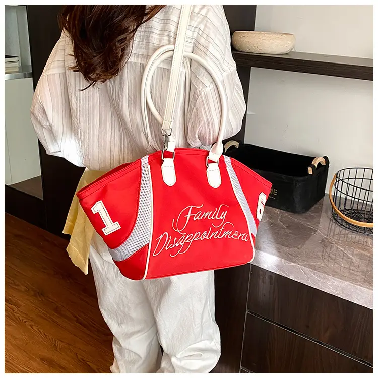 Women's Red Embroidered Bowling Handheld Tote Bag — feature 39