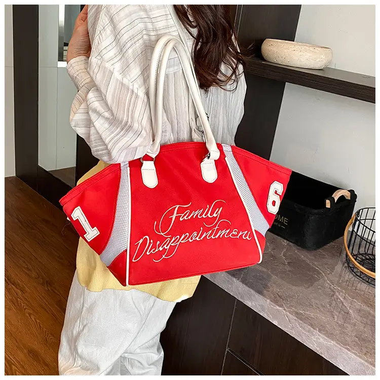 Women's Red Embroidered Bowling Handheld Tote Bag — feature 40