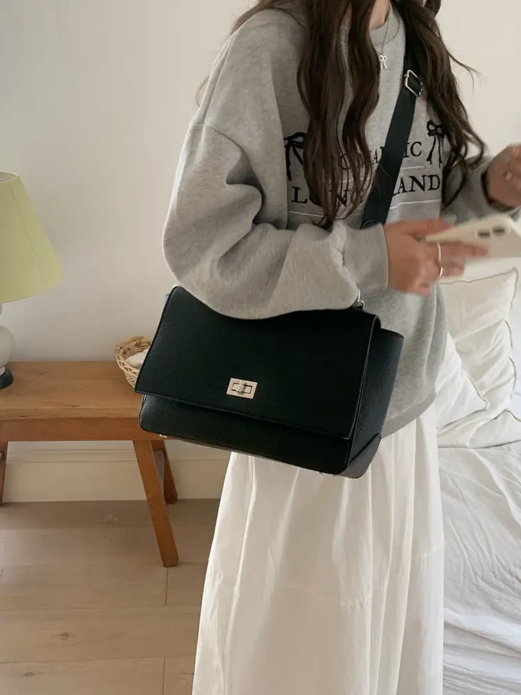 Black Lock-Flap Tote Bag for Office Commute