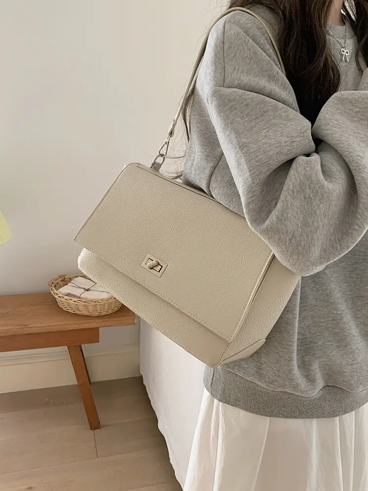 Black Lock-Flap Tote Bag for Office Commute