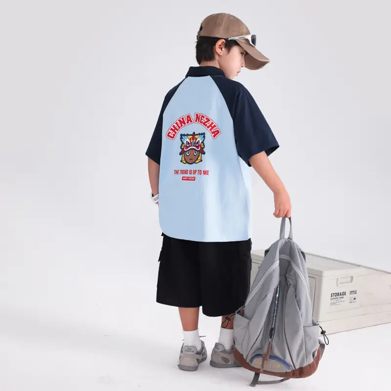 Boys' Blue Nezha Polo Shirt Pure Cotton 2026
