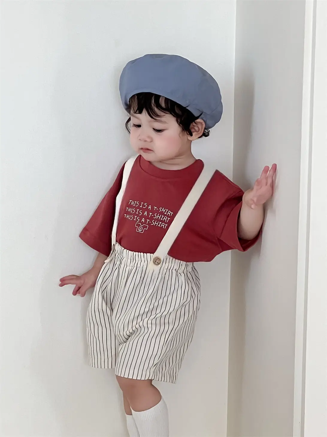 Kids Letter T-Shirt Shorts Suit Red White Striped - Image 4