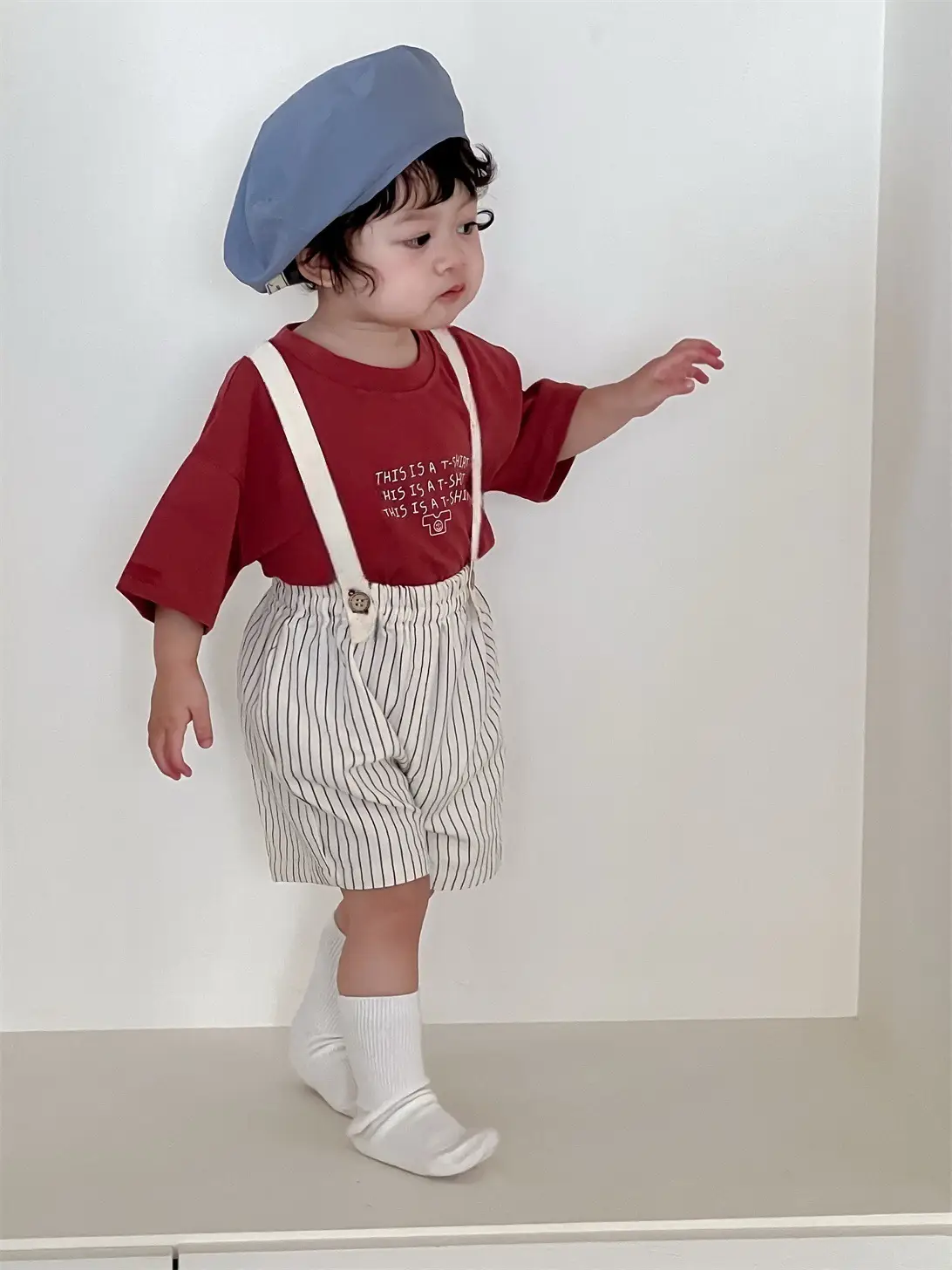 Kids Letter T-Shirt Shorts Suit Red White Striped - Image 5