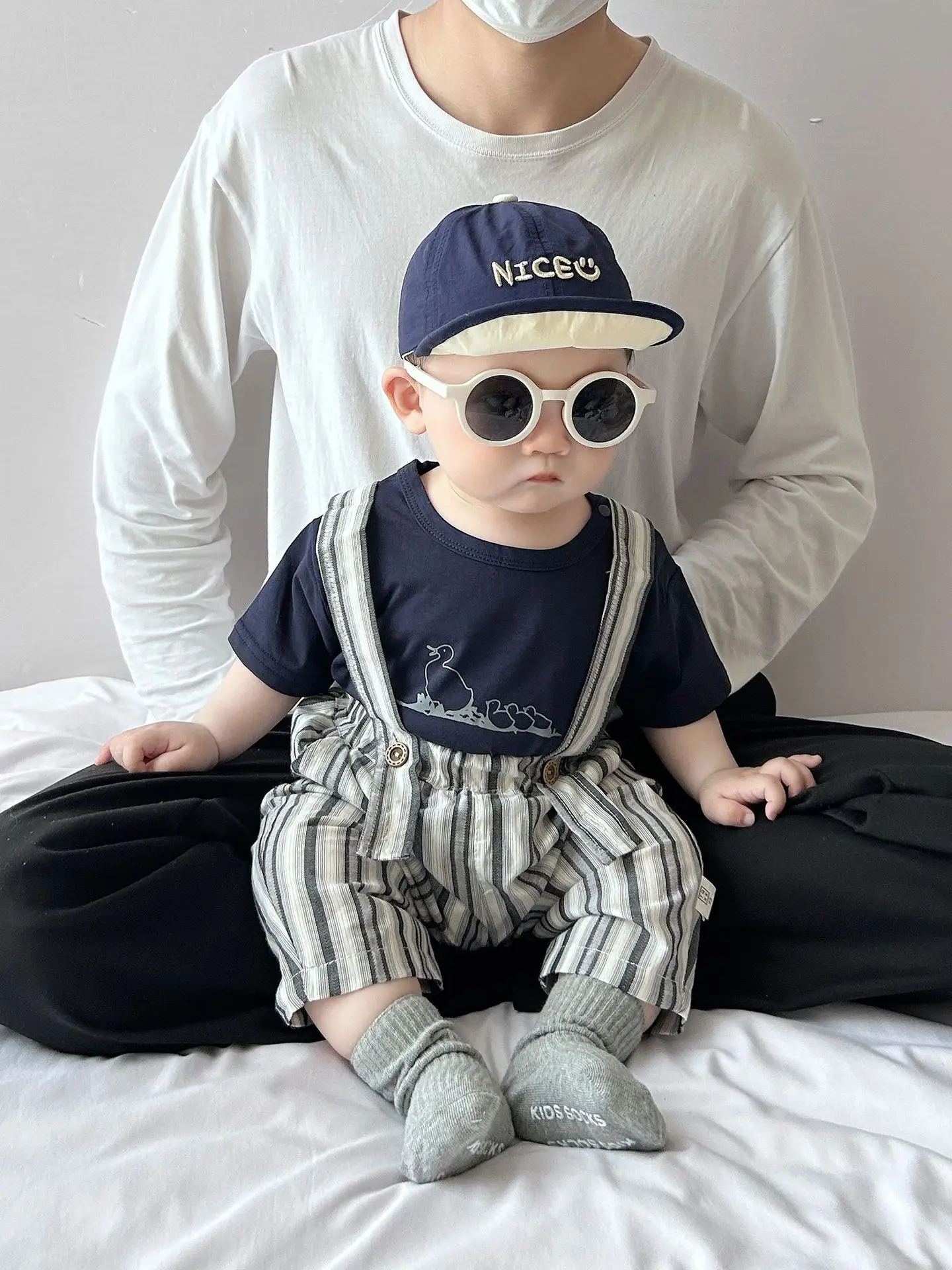 Baby Summer Suspenders Set Navy Striped Anti-Mosquito Pants