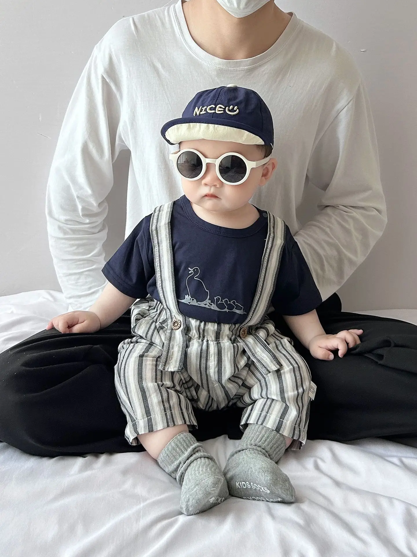 Baby Summer Suspenders Set Navy Striped Anti-Mosquito Pants