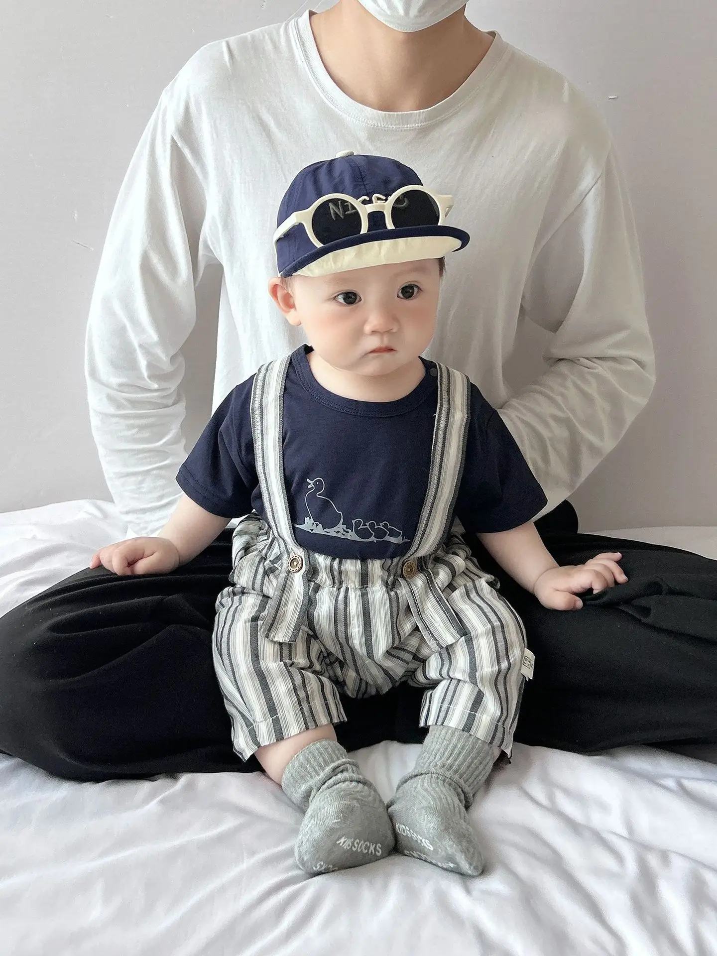 Baby Summer Suspenders Set Navy Striped Anti-Mosquito Pants