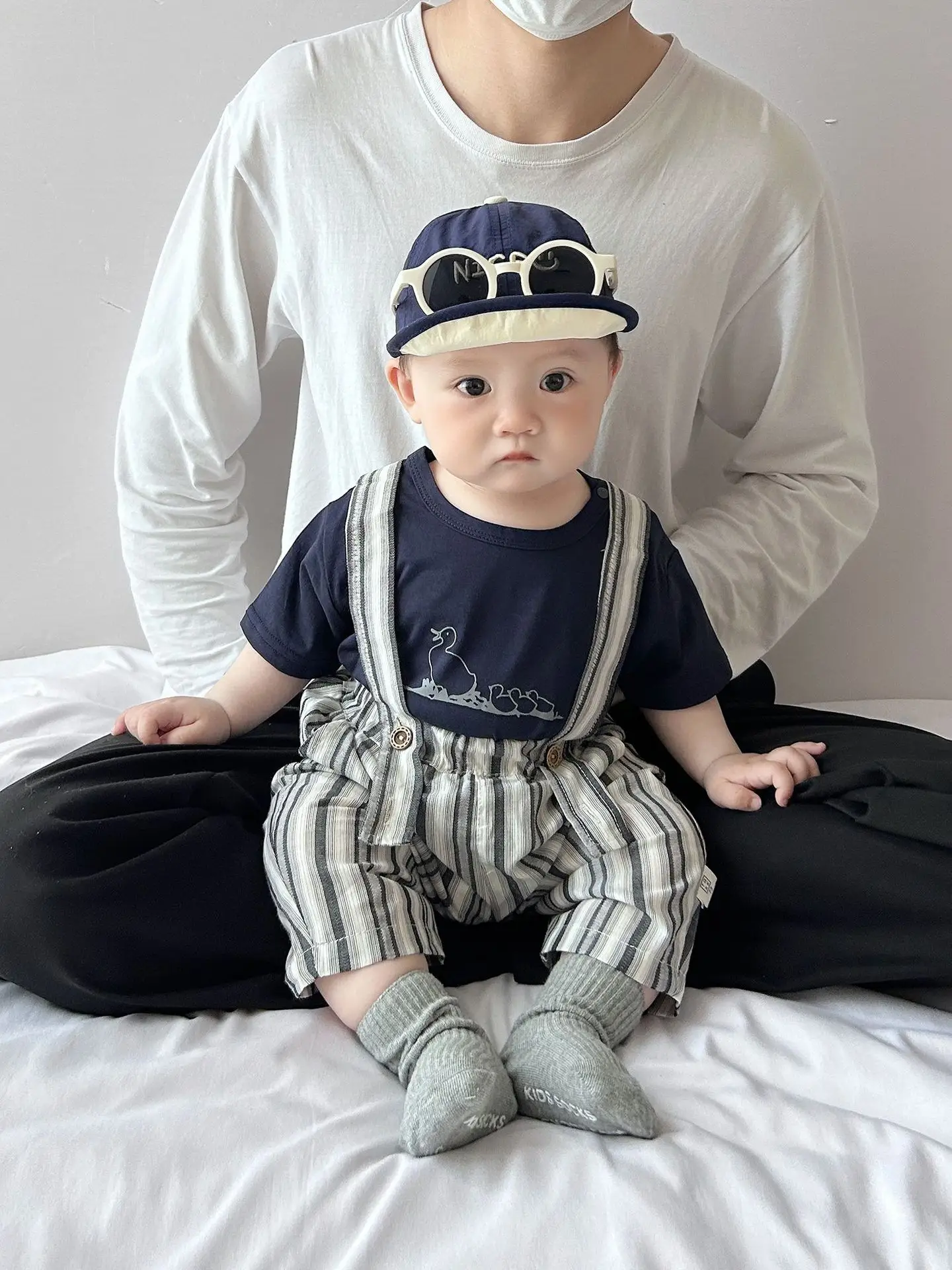 Baby Summer Suspenders Set Navy Striped Anti-Mosquito Pants