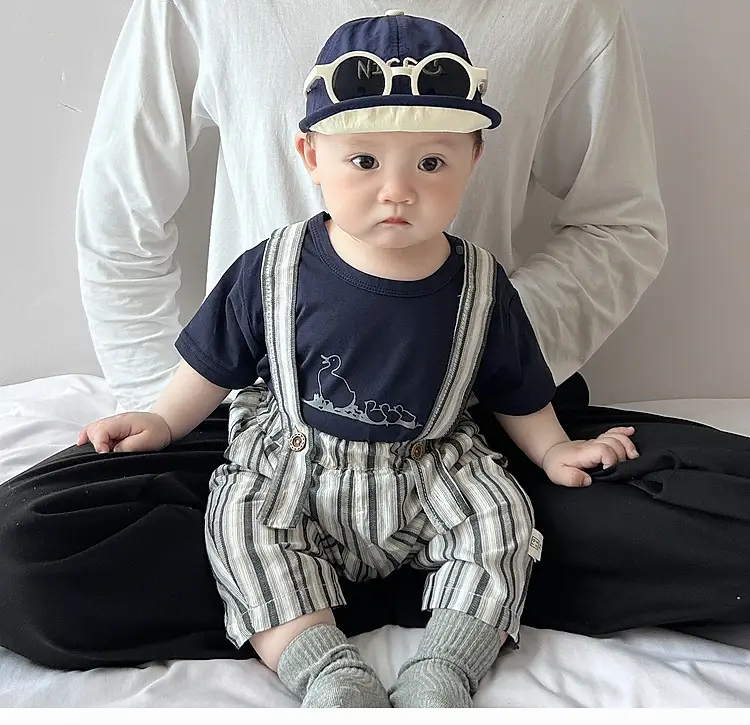 Baby Summer Suspenders Set Navy Striped Anti-Mosquito Pants — feature 1