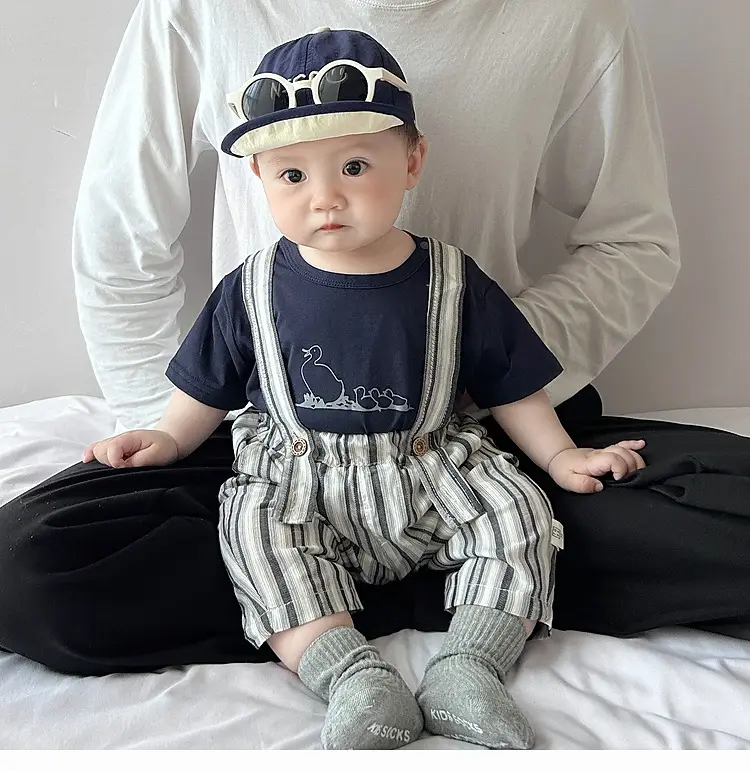 Baby Summer Suspenders Set Navy Striped Anti-Mosquito Pants — feature 3