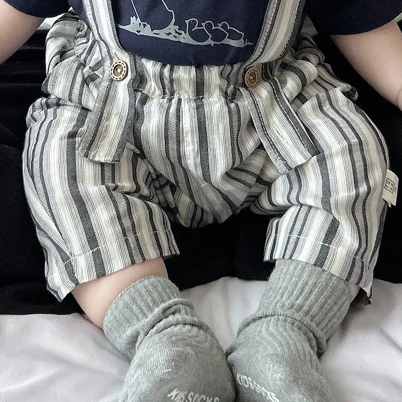 Baby Summer Suspenders Set Navy Striped Anti-Mosquito Pants