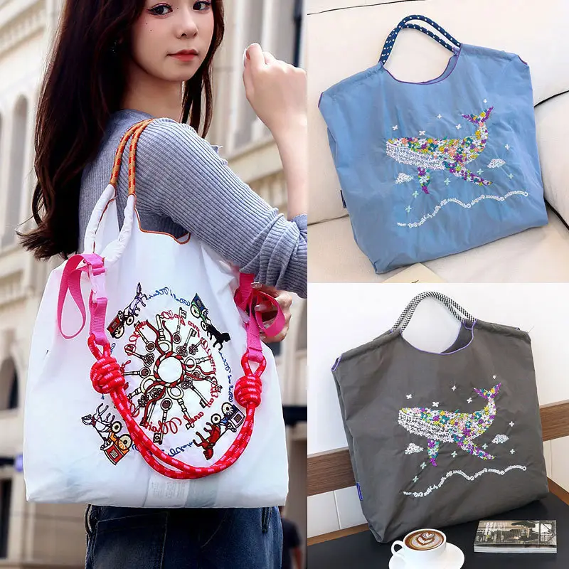 Whale Embroidered Women's Canvas Shoulder Bag Large Capacity - Image 30