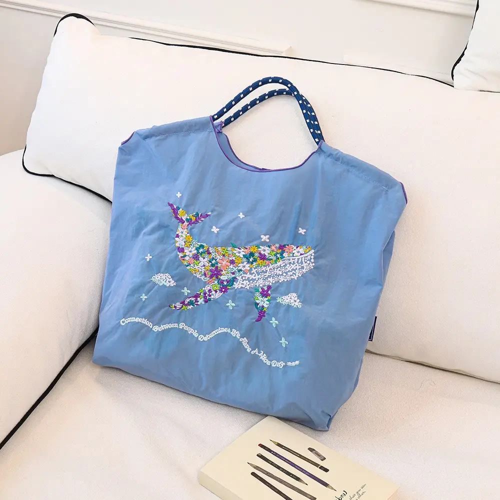 Whale Embroidered Women's Canvas Shoulder Bag Large Capacity - Image 32