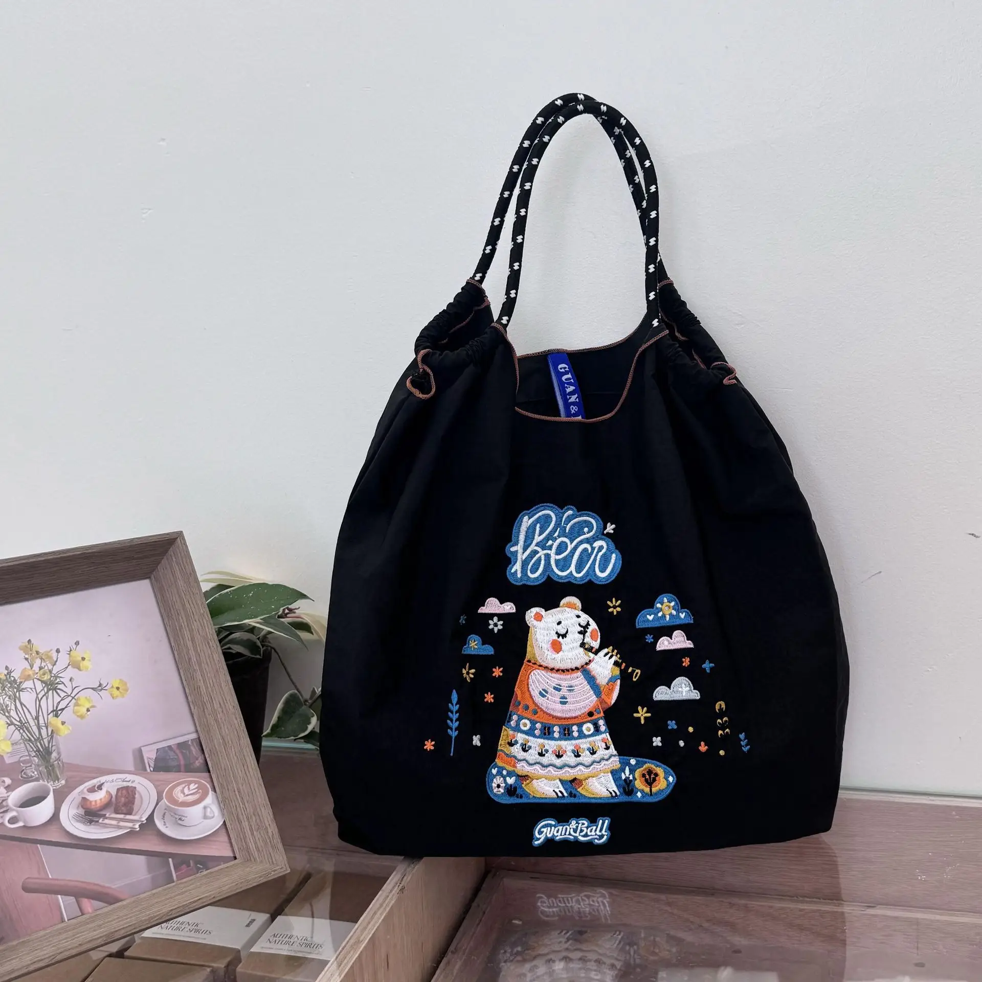 Whale Embroidered Women's Canvas Shoulder Bag Large Capacity - Image 12