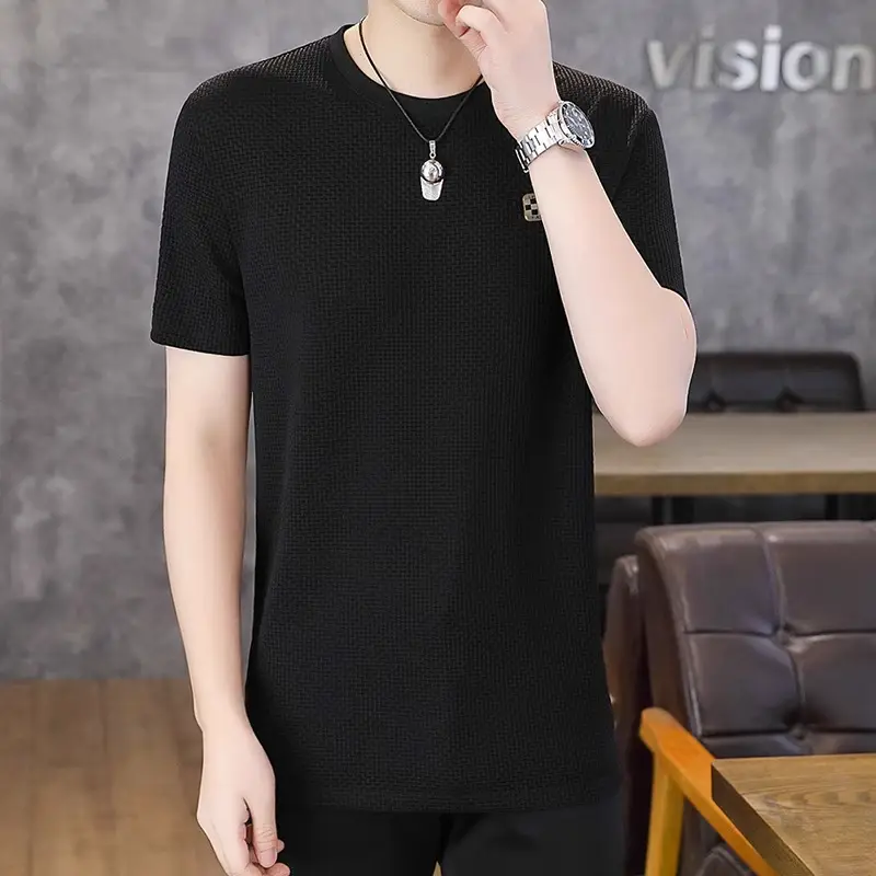 Ice Silk Short-sleeved T-shirt Men's Summer Thin Breathable Slim-fit Upper Clothes plus size T-shirt Men's Hollow Half-sleeve T-shirt