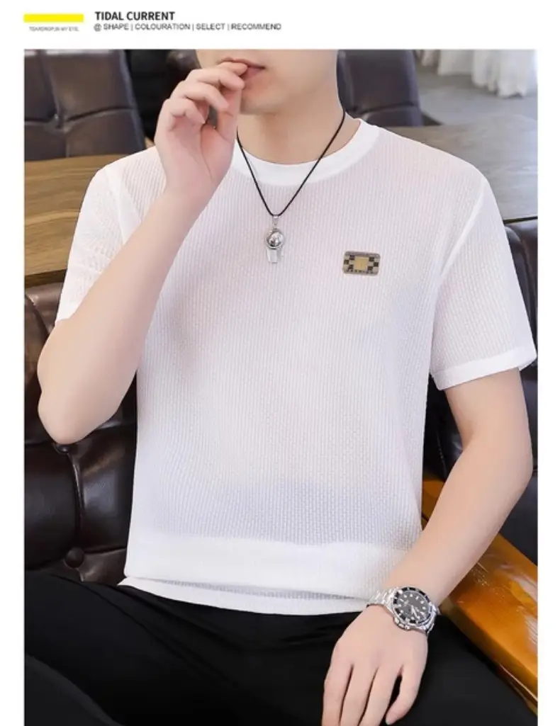 Ice Silk Short-sleeved T-shirt Men's Summer Thin Breathable Slim-fit Upper Clothes plus size T-shirt Men's Hollow Half-sleeve T-shirt — feature 17