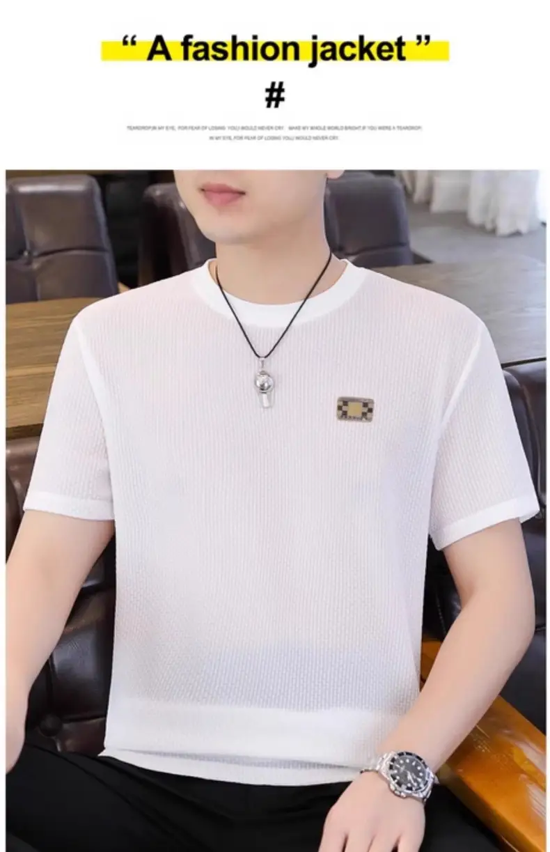 Ice Silk Short-sleeved T-shirt Men's Summer Thin Breathable Slim-fit Upper Clothes plus size T-shirt Men's Hollow Half-sleeve T-shirt — feature 18