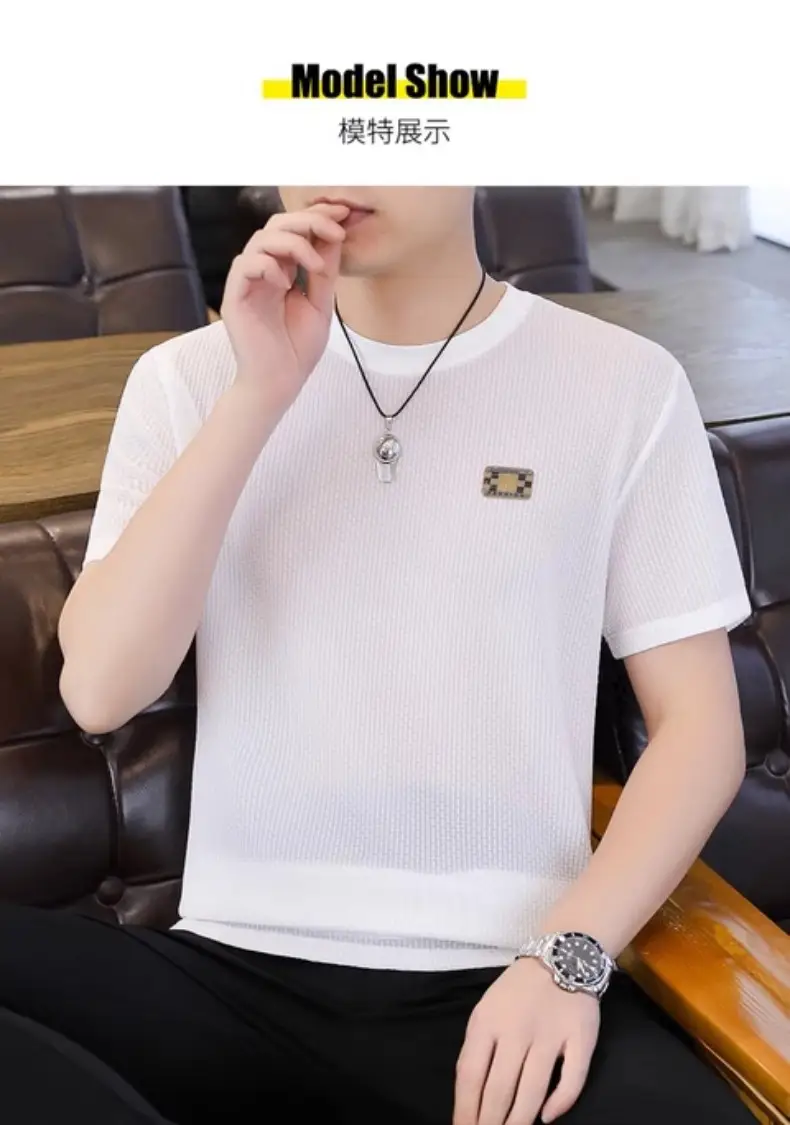 Ice Silk Short-sleeved T-shirt Men's Summer Thin Breathable Slim-fit Upper Clothes plus size T-shirt Men's Hollow Half-sleeve T-shirt — feature 24
