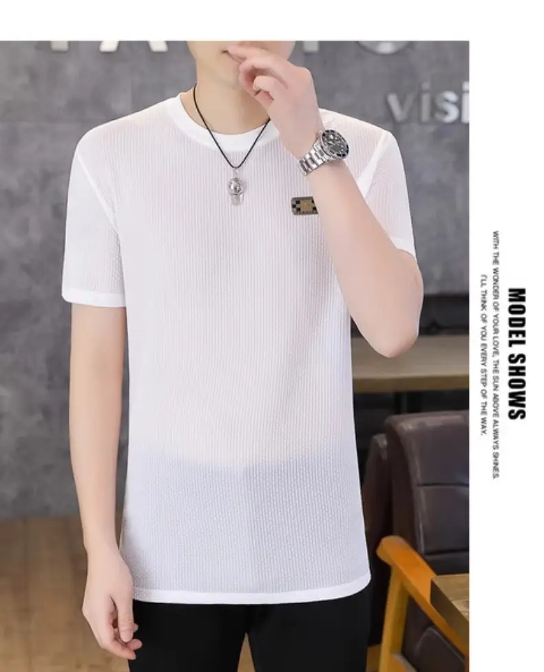 Ice Silk Short-sleeved T-shirt Men's Summer Thin Breathable Slim-fit Upper Clothes plus size T-shirt Men's Hollow Half-sleeve T-shirt — feature 25