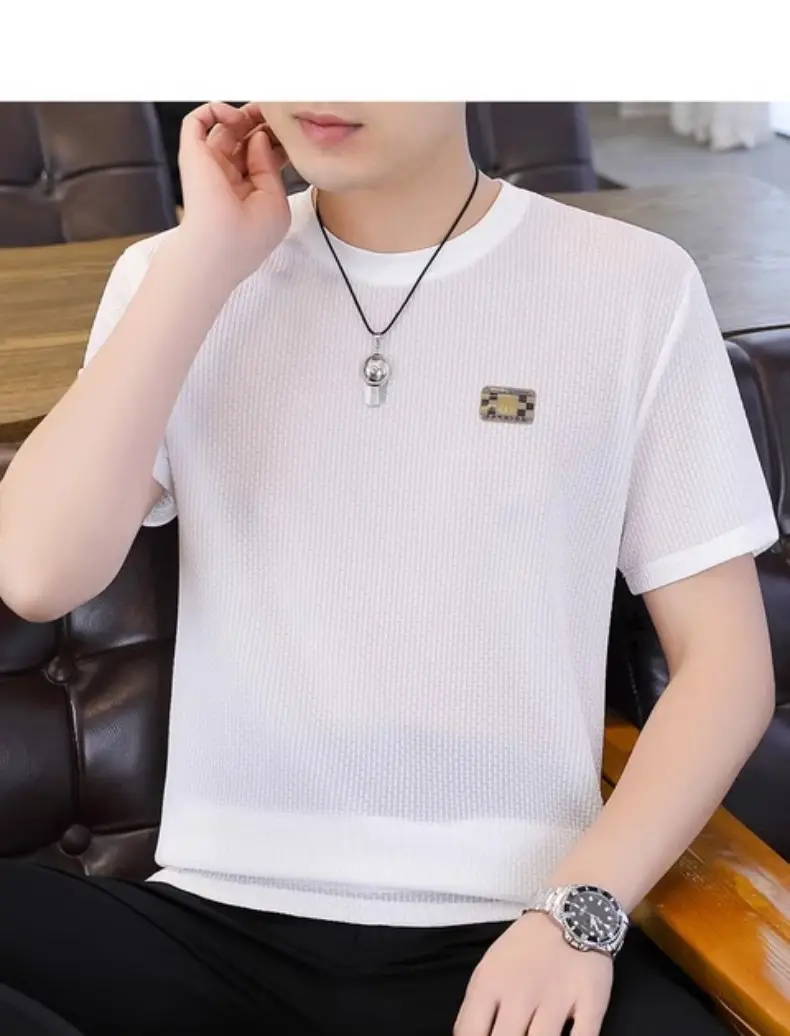 Ice Silk Short-sleeved T-shirt Men's Summer Thin Breathable Slim-fit Upper Clothes plus size T-shirt Men's Hollow Half-sleeve T-shirt — feature 26