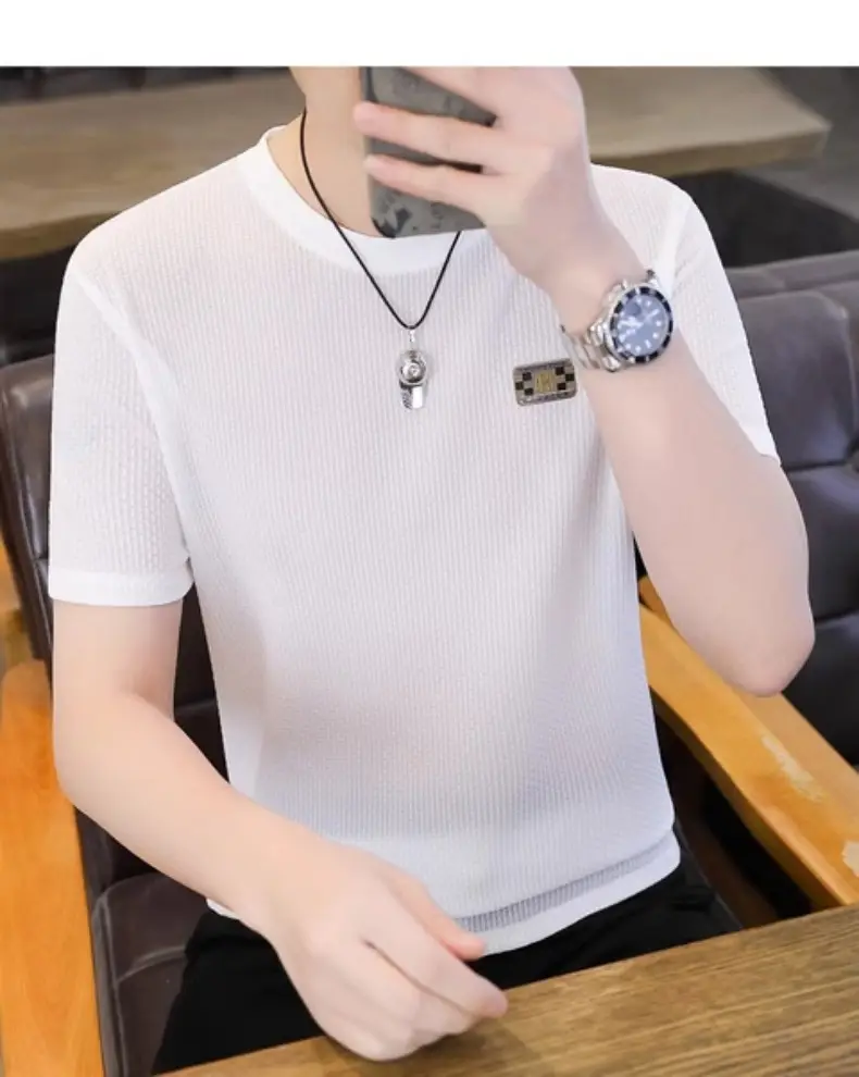 Ice Silk Short-sleeved T-shirt Men's Summer Thin Breathable Slim-fit Upper Clothes plus size T-shirt Men's Hollow Half-sleeve T-shirt — feature 27