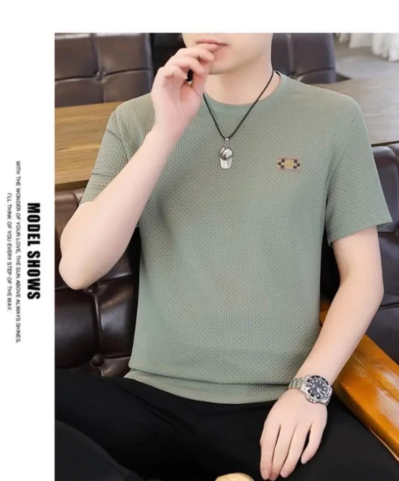 Ice Silk Short-sleeved T-shirt Men's Summer Thin Breathable Slim-fit Upper Clothes plus size T-shirt Men's Hollow Half-sleeve T-shirt — feature 32