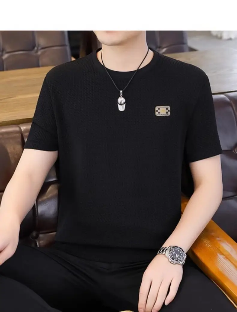 Ice Silk Short-sleeved T-shirt Men's Summer Thin Breathable Slim-fit Upper Clothes plus size T-shirt Men's Hollow Half-sleeve T-shirt — feature 36