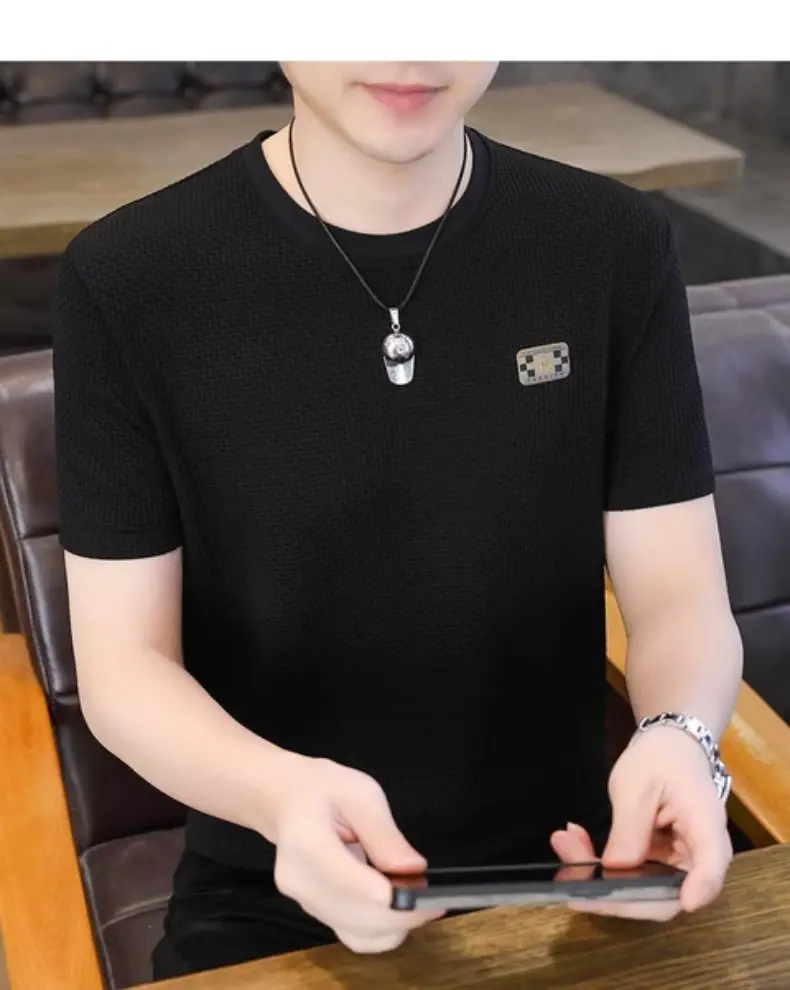 Ice Silk Short-sleeved T-shirt Men's Summer Thin Breathable Slim-fit Upper Clothes plus size T-shirt Men's Hollow Half-sleeve T-shirt — feature 37