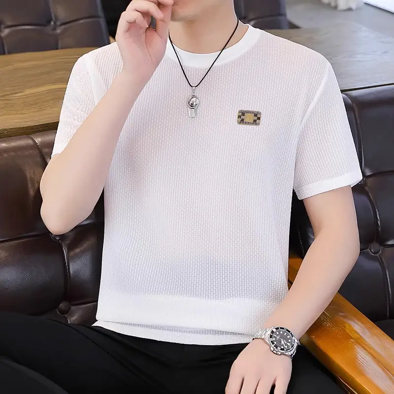 Ice Silk Short-sleeved T-shirt Men's Summer Thin Breathable Slim-fit Upper Clothes plus size T-shirt Men's Hollow Half-sleeve T-shirt