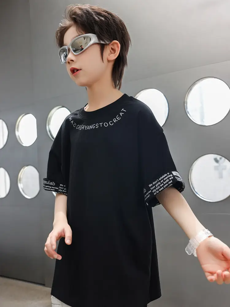 Panda Yuan Yuan Boys Letter T-Shirt Pure Cotton Summer