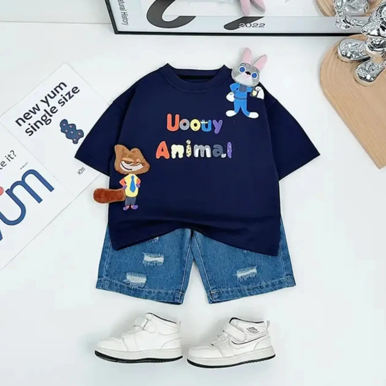 Kids Cartoon T-Shirt Shorts Set Blue White - Image 6