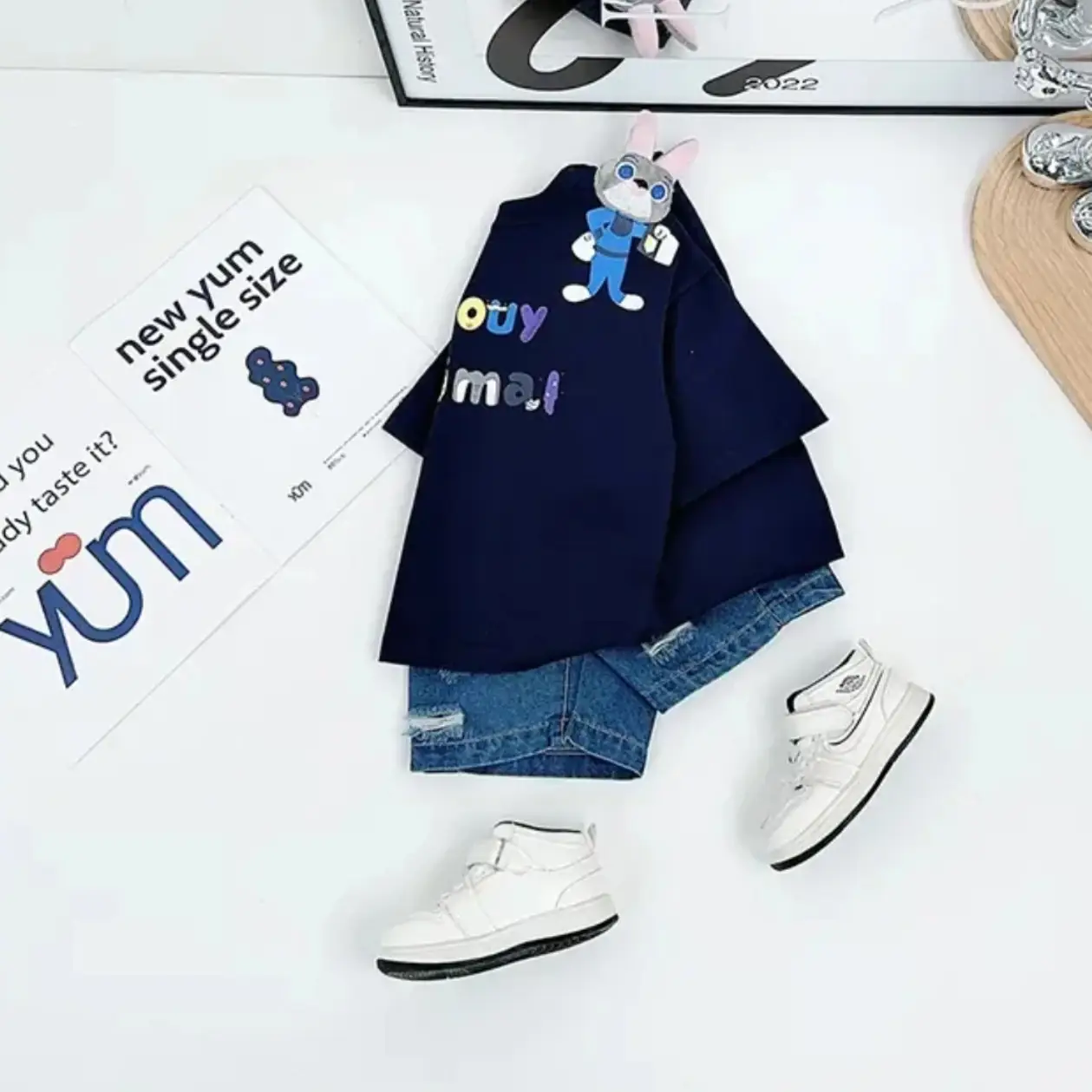 Kids Cartoon T-Shirt Shorts Set Blue White - Image 7