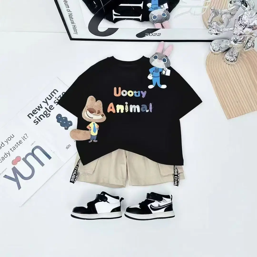 Kids Cartoon T-Shirt Shorts Set Blue White - Image 3