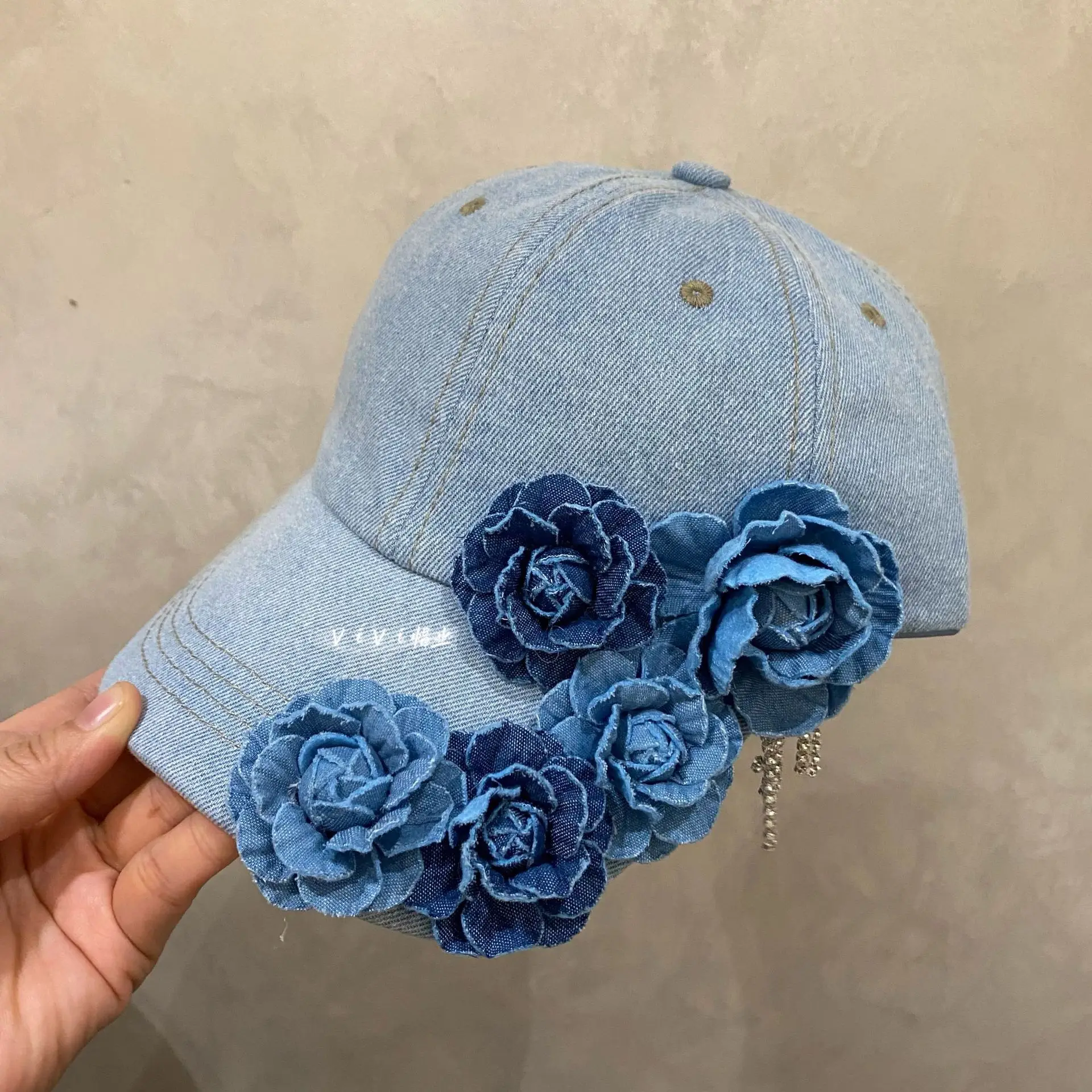Denim Blue Floral Baseball Cap for Women