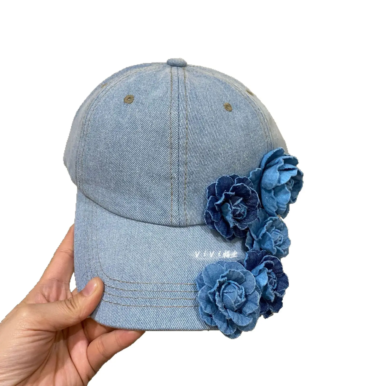 Denim Blue Floral Baseball Cap for Women